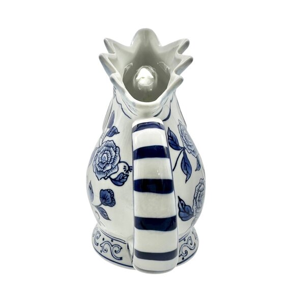 Bella Casa Rooster Pitcher Blue and White Ceramic with Floral Design 8" Tall - Picture 4 of 7